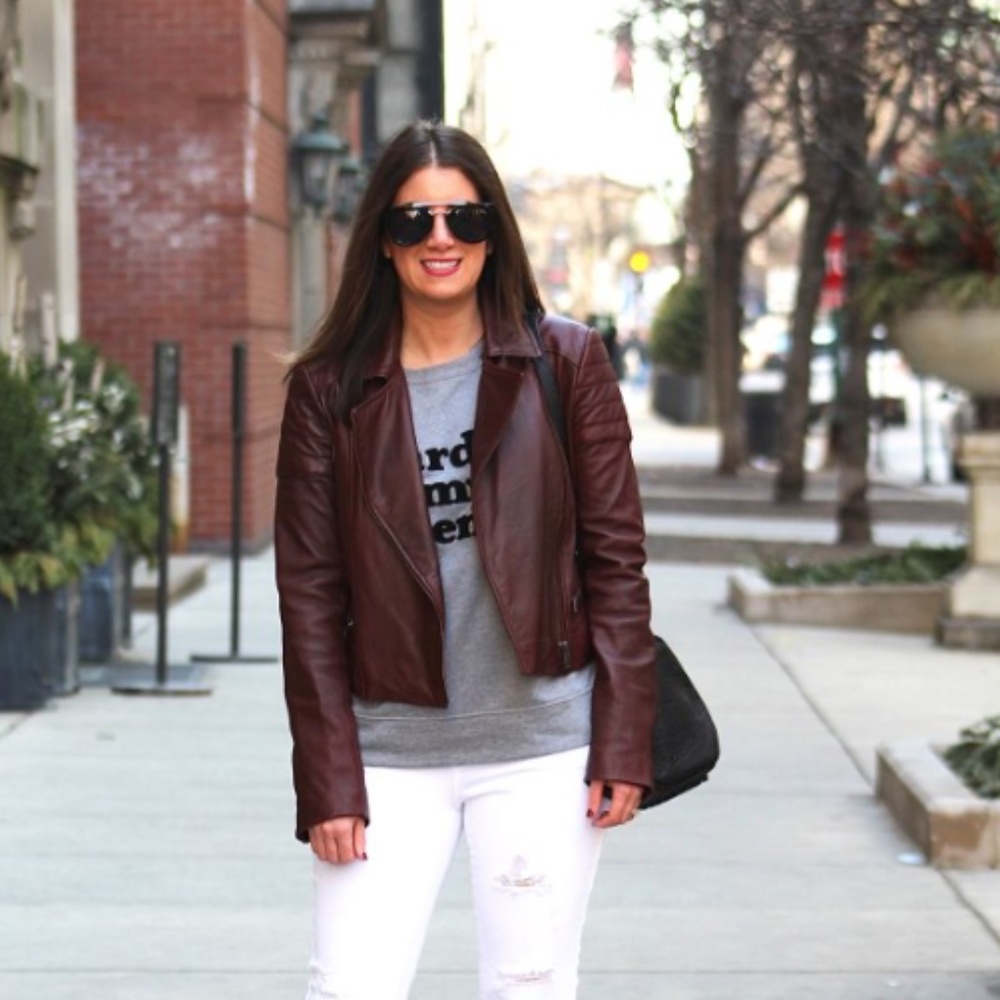 Banana Republic Lamb Leather Quilted Embroidered Zip Up Motorcycle Jacket Coat S